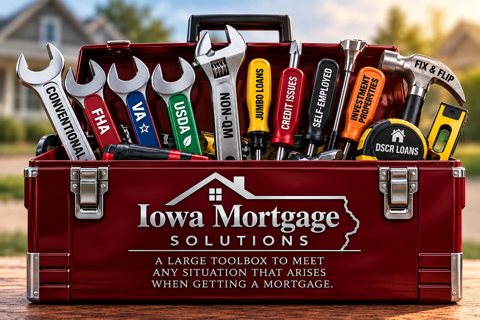Iowa Mortgage Solutions toolbox holding mortgage program tools: Conventional, FHA, VA, USDA, Non-QM, Jumbo Loans, Credit Issues, Self-Employed, Investment Properties, Fix and Flip and DSCR Loans
